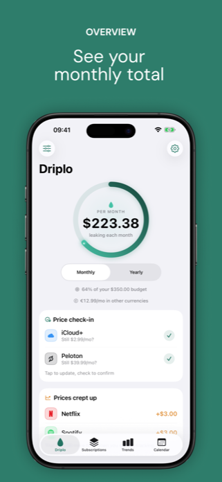 Driplo app screenshot: monthly subscription total dashboard