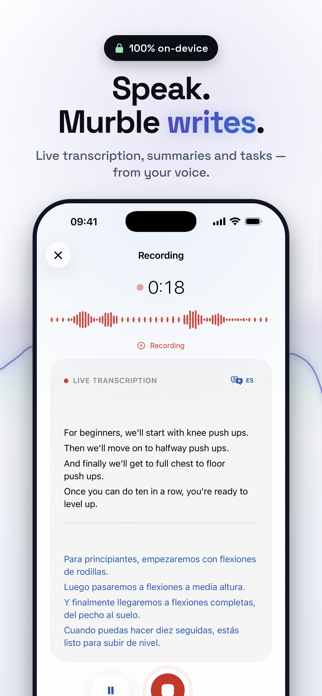 Murble app screenshot: live voice recording with on device transcription