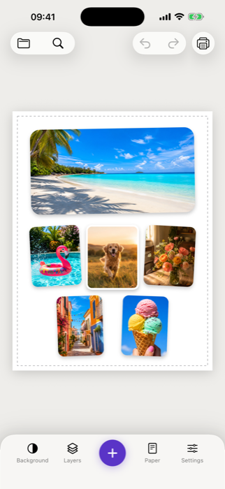 PrintRight app screenshot: photos arranged on a printable page